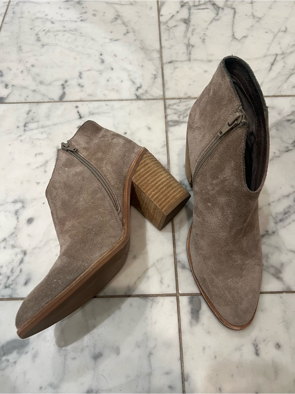 Jeffrey Campbell Taupe Suede Ankle Booties with Stacked Heel - 7.5